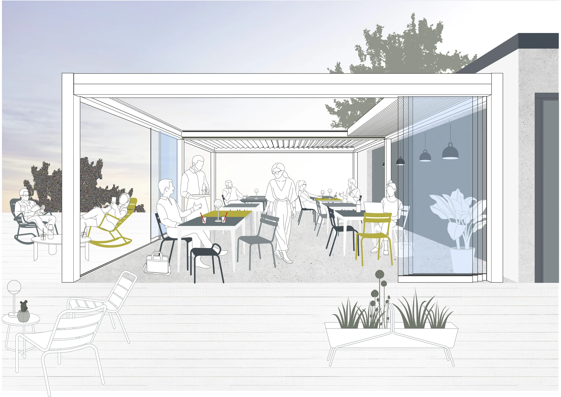 Illustration eines modernen Außenbereichs mit Pergola und Menschen, die sich unterhalten