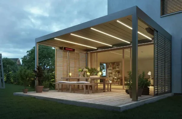 Modernes Terrassendach mit verschiedenen Extras, wie Heizstrahler, LED-Beleuchtung